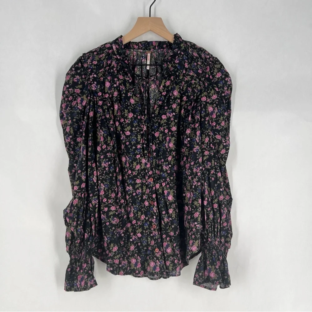 Free People Meant To Be Black Floral Print Full Mutton Sleeve Peasant Blouse M